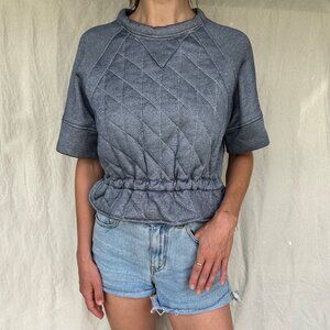 IRO Womens Navy Metallic Peplum Quilted Short Sleeve Sweater Top FR 36 Sz Small